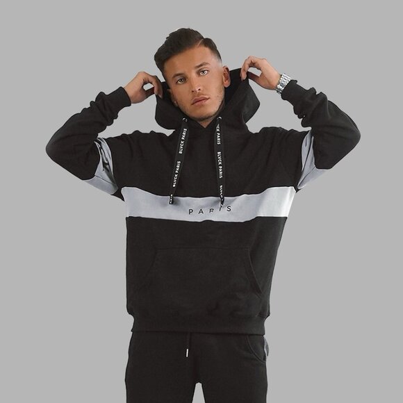 BLVCK Bold Black Paris Men's Stripe Hoodie Size S Kangaroo Pockets/ Logo - Picture 1 of 6